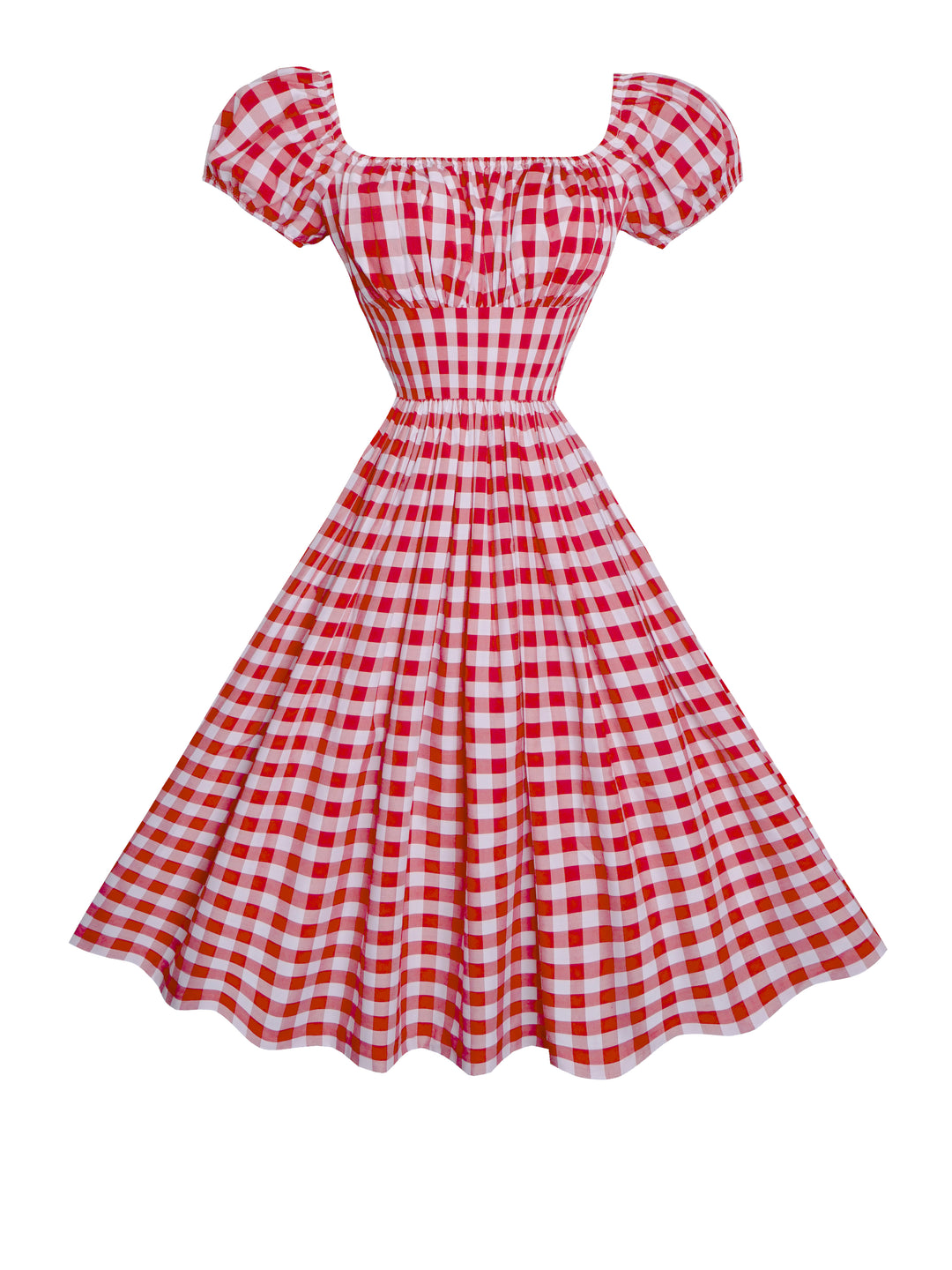 Red and white checkered dress with puff sleeves on a white background