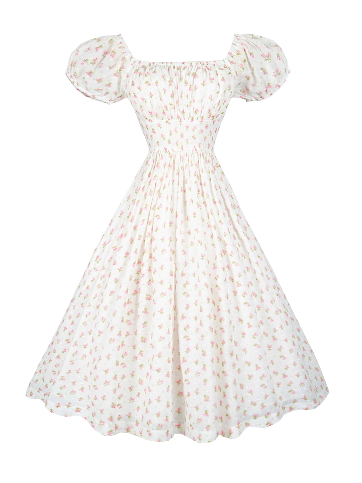MTO - Loretta Dress "Forget-Me-Nots & Polka Dots" Pink