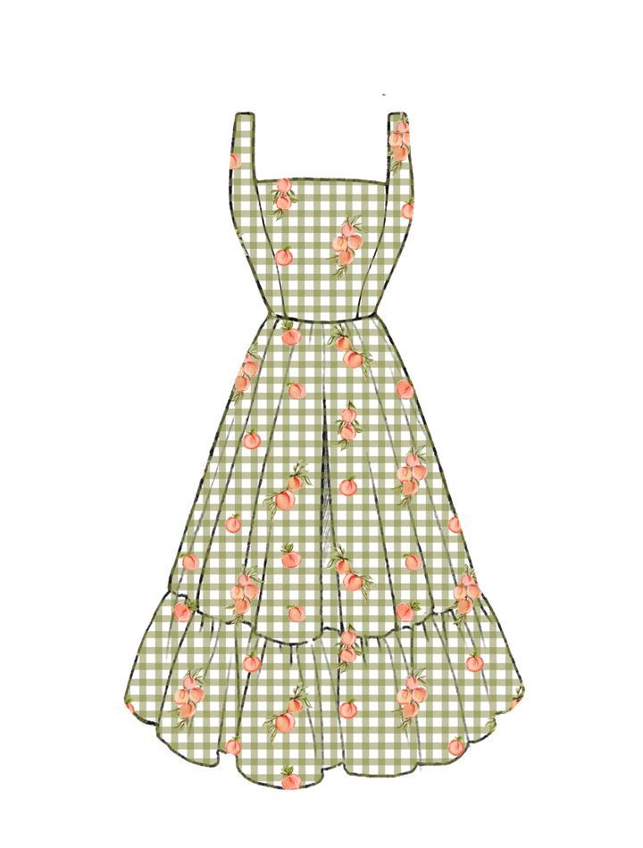 PRE-ORDER Henrietta Dress Peaches on Olive Green Gingham