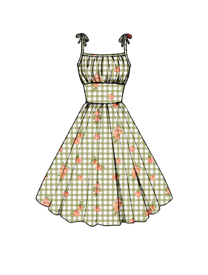 Pre-Order Kelly Dress Peaches on Olive Green Gingham