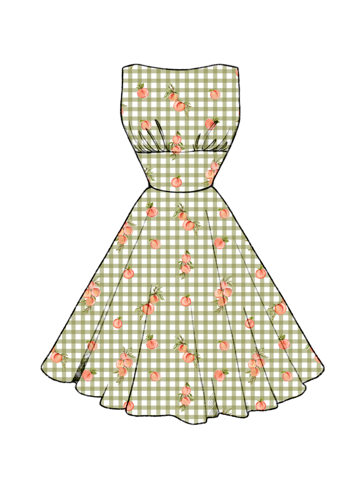 PRE-ORDER Norma Dress Peaches on Olive Green Gingham
