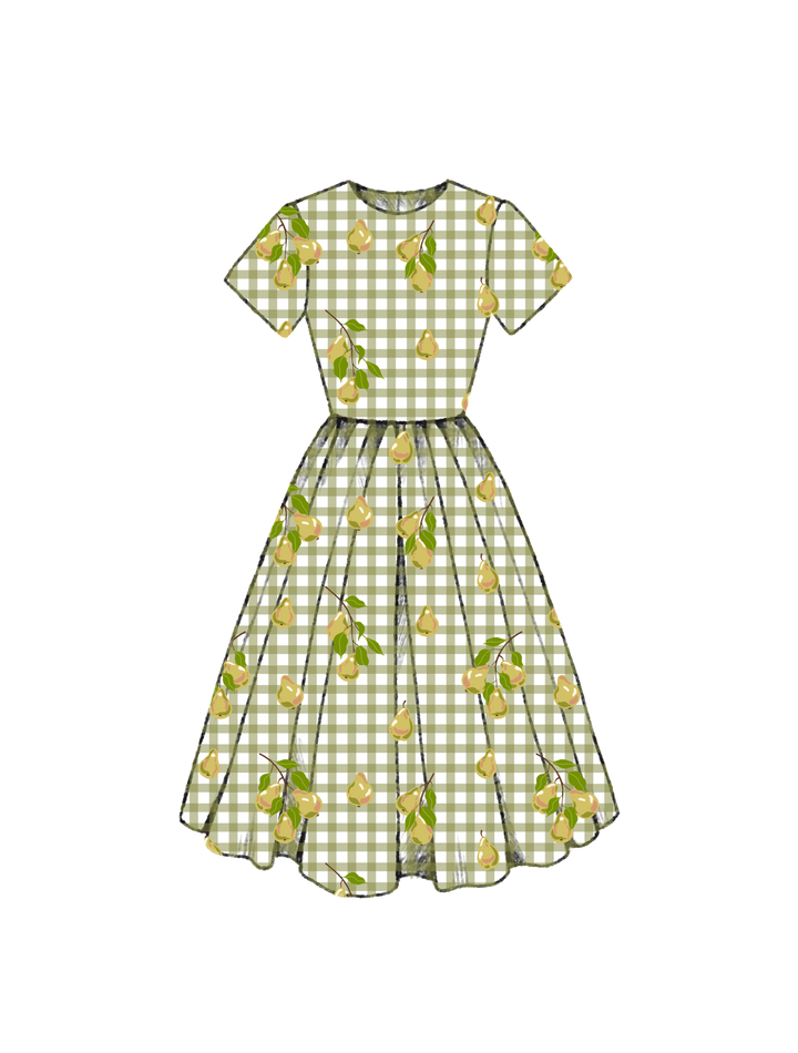 PRE-ORDER - Dorothy Dress in Pears on Green Gingham