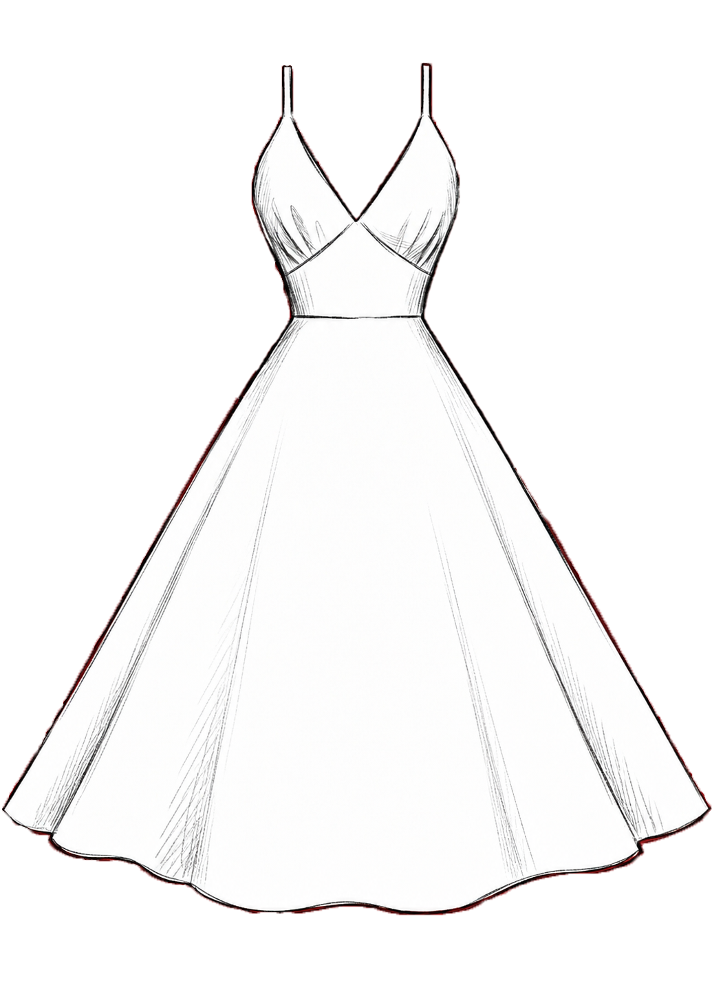 Line drawing of a white dress on a mannequin with a plain background