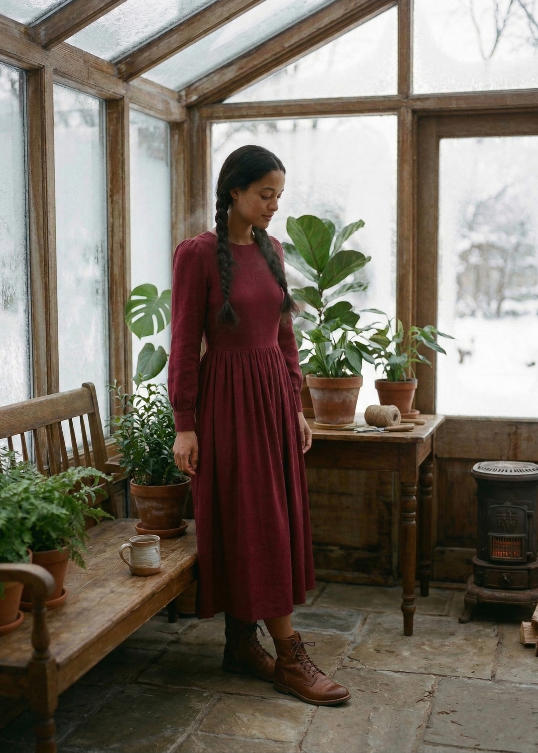 Woman in a red dress standing in a greenhouse filled with plants.