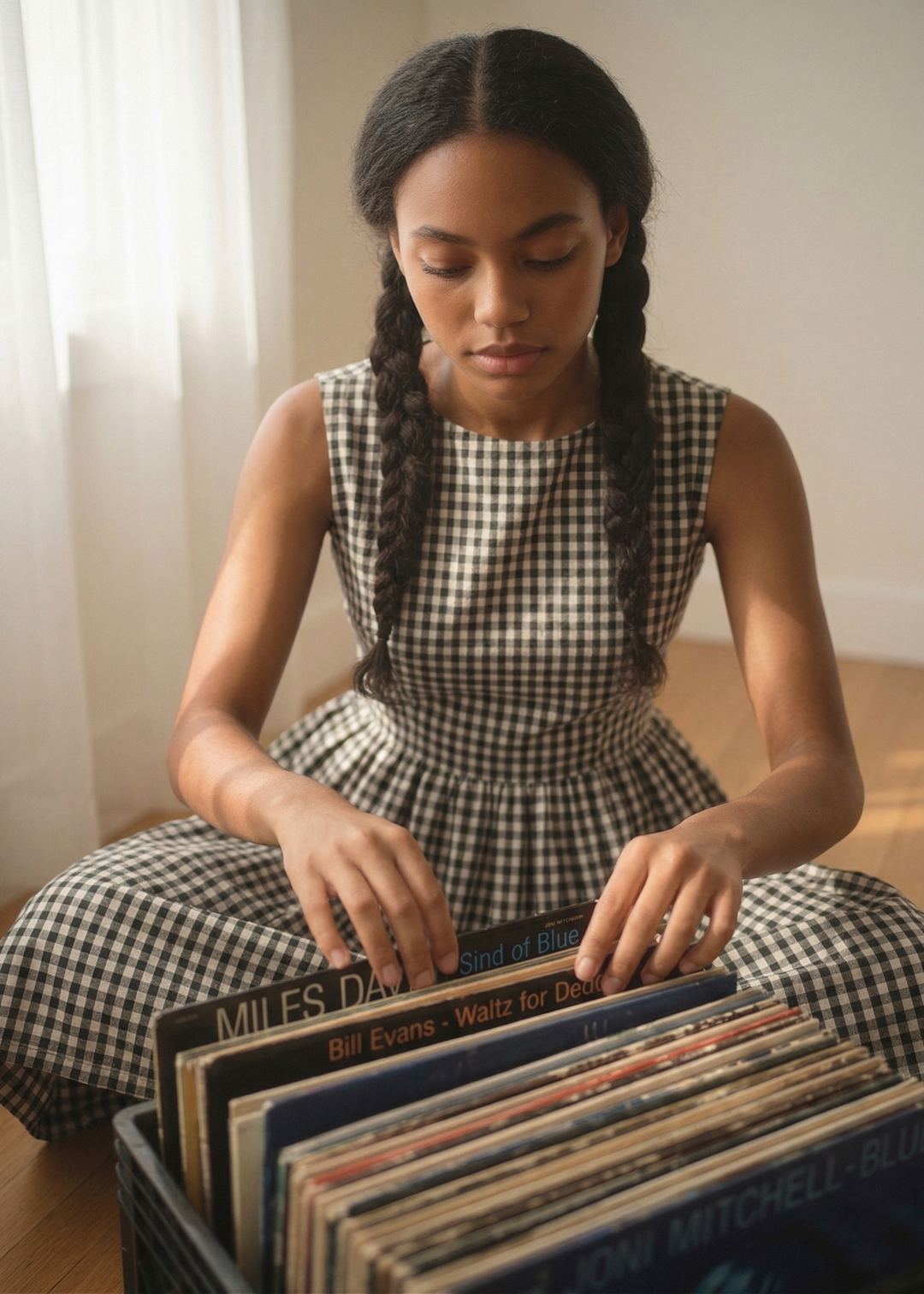 Woman in a checkered dress looking at vinyl records in a crate.