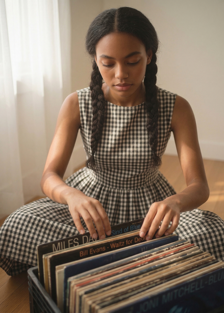 Woman in a checkered dress looking at vinyl records in a crate.