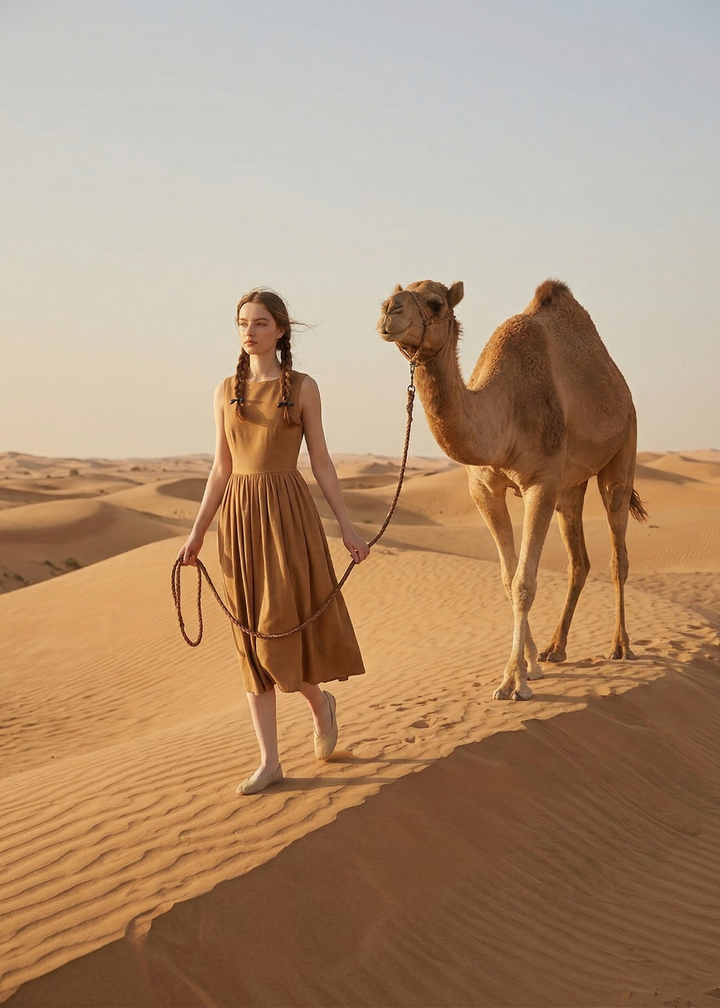 Woman in a desert setting with a camel
