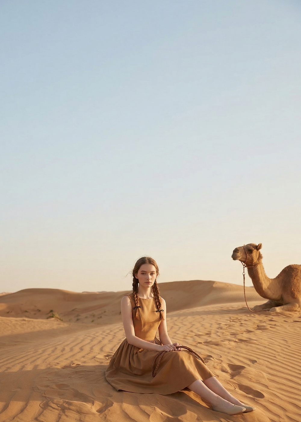 Woman in a brown dress sitting on sand with a camel in the desert
