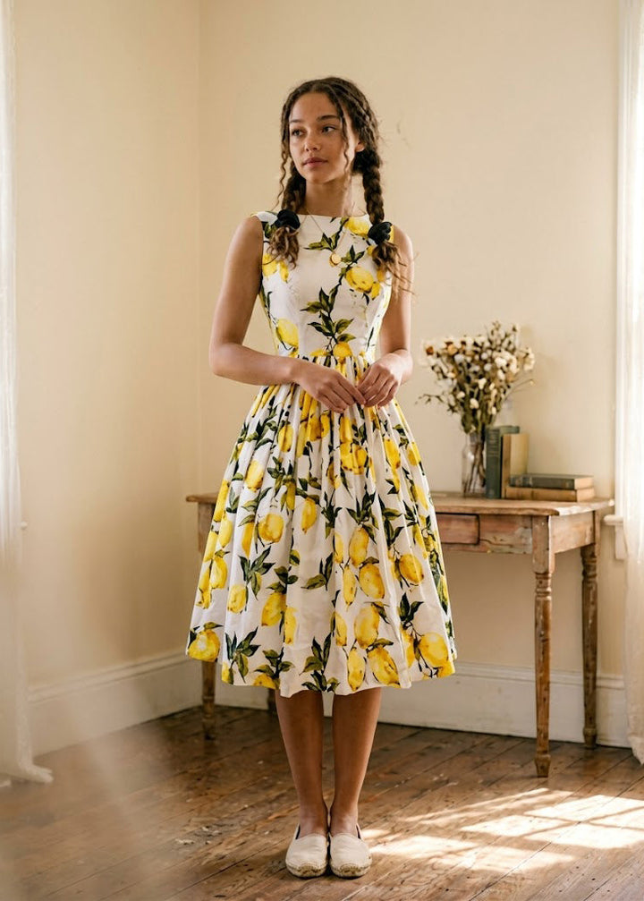 Woman wearing a dress with lemon pattern in a sunlit room