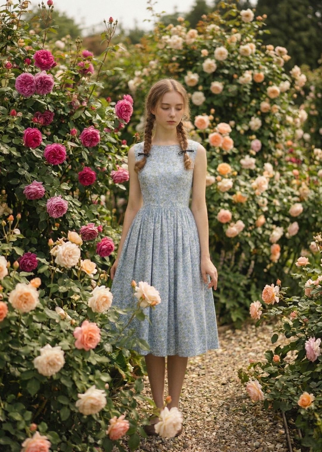 Woman in a light blue dress standing among flowers in a garden