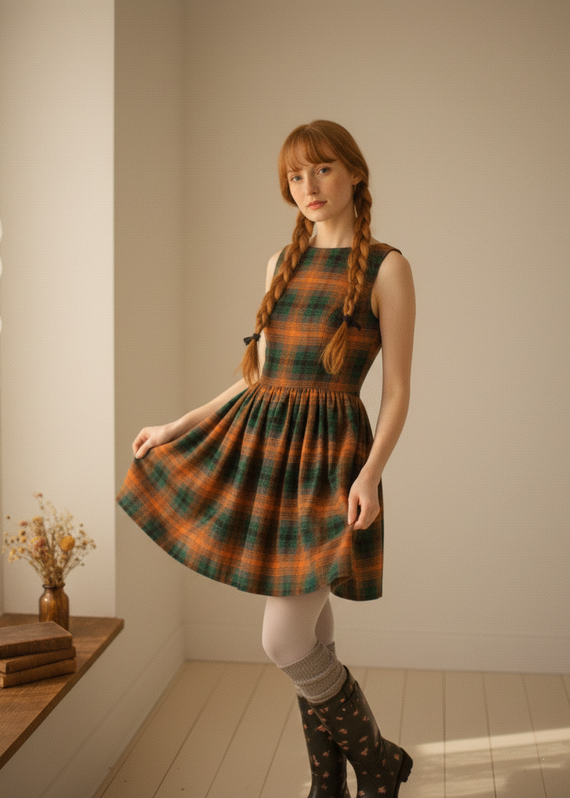 Woman wearing a plaid dress in a room with a wooden shelf and vase.