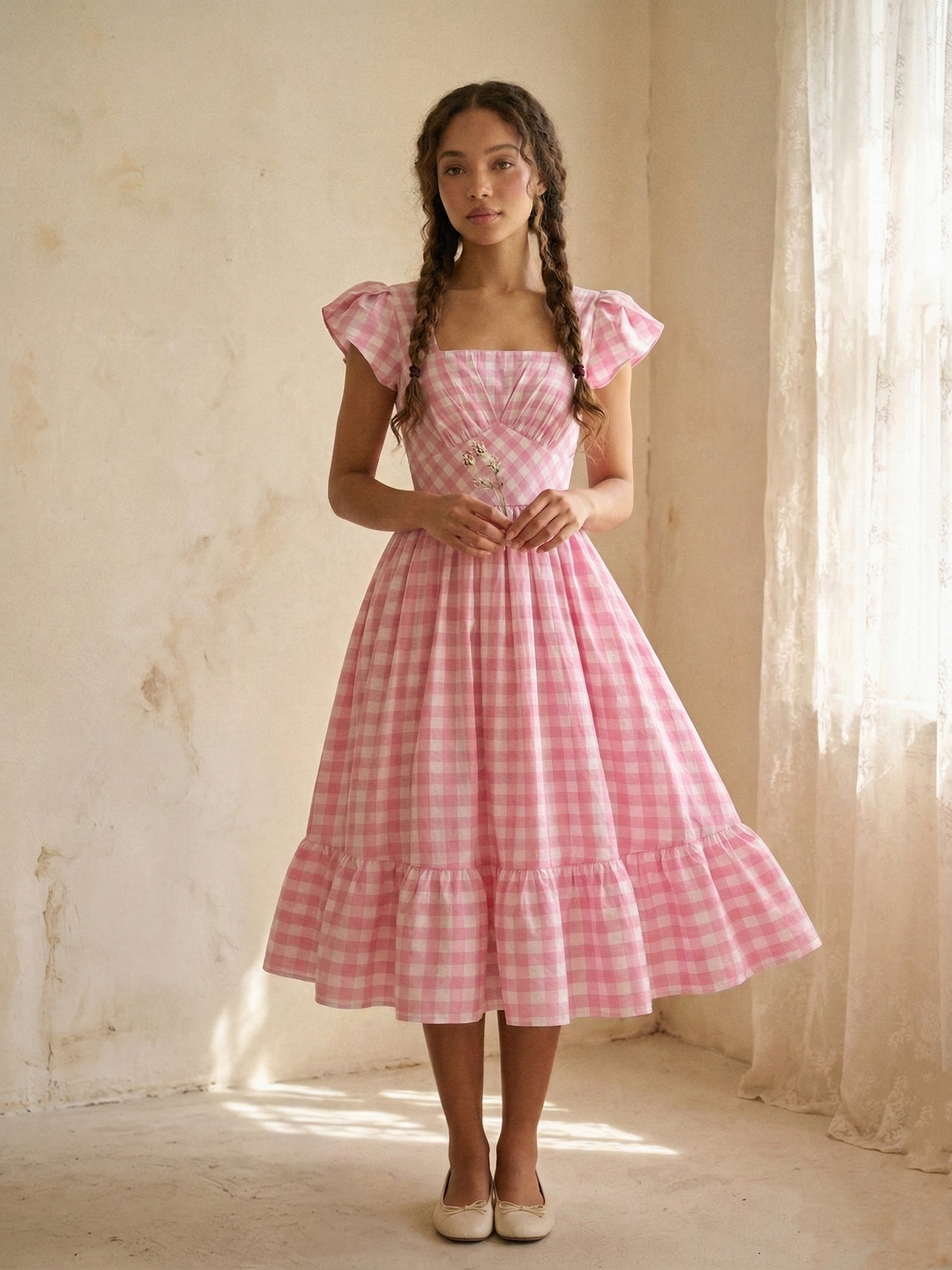 pink white gingham dress You Make Me Blush S / Burst cuffed short sleeves AS REVIVAL | Gingham Game-Changer