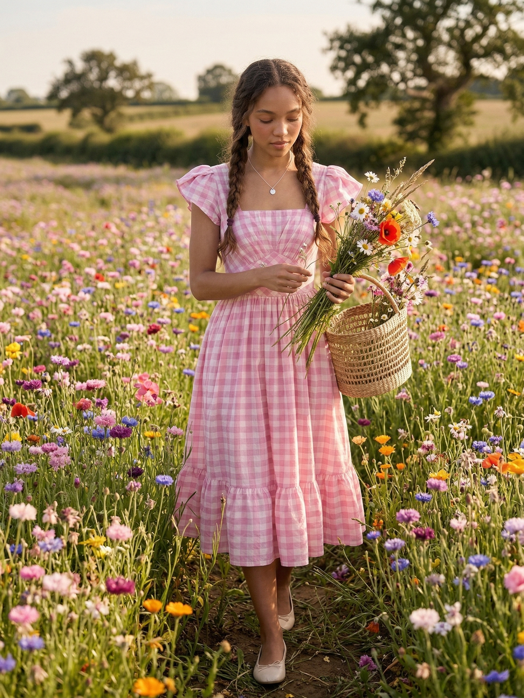Woman in a pink dress holding flowers in a field of wildflowers