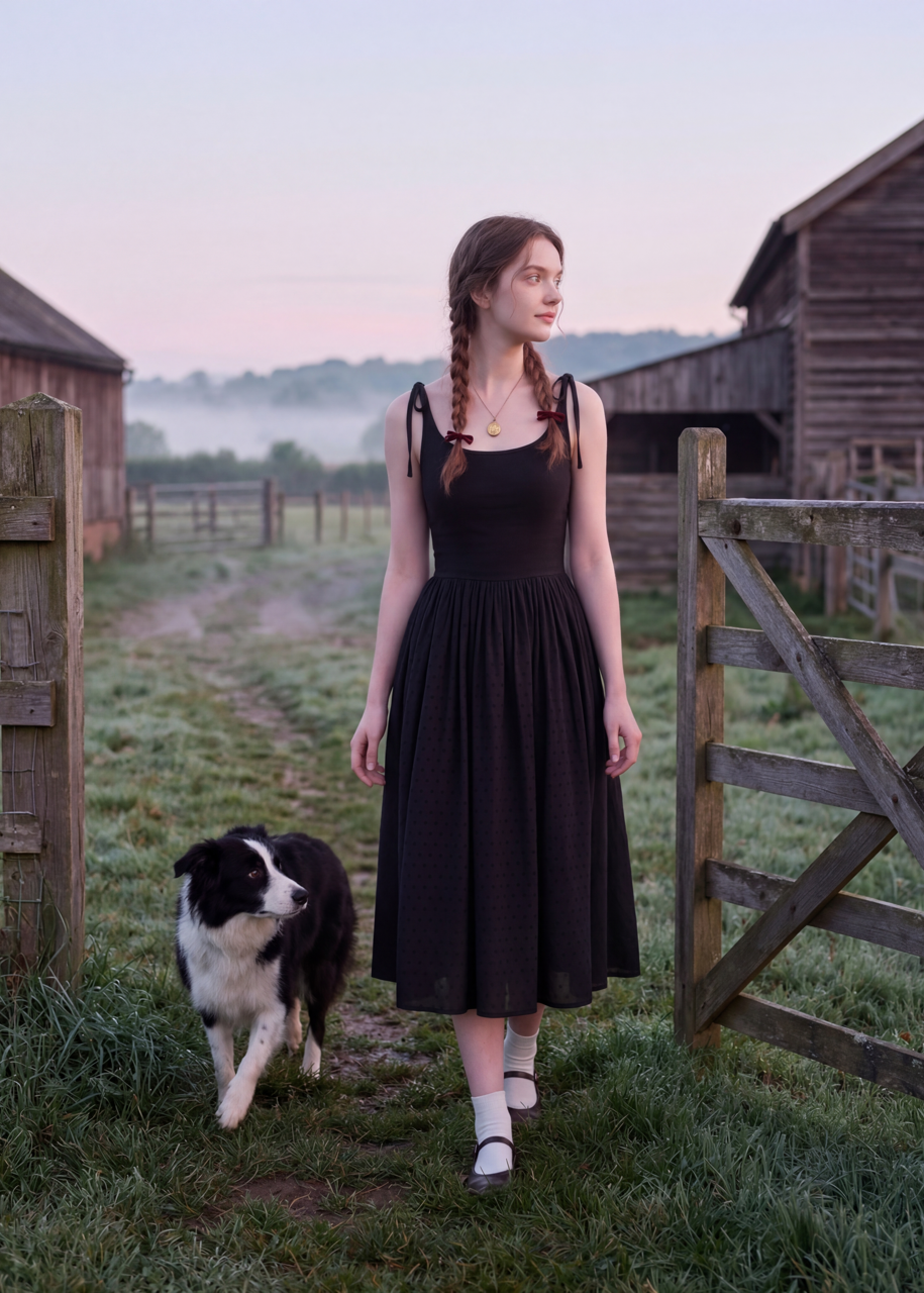 Woman in a black dress standing with a dog near wooden gates in a rural setting