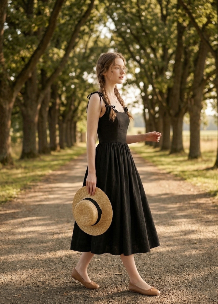 Woman in a black dress holding a straw hat in a sunlit forest path