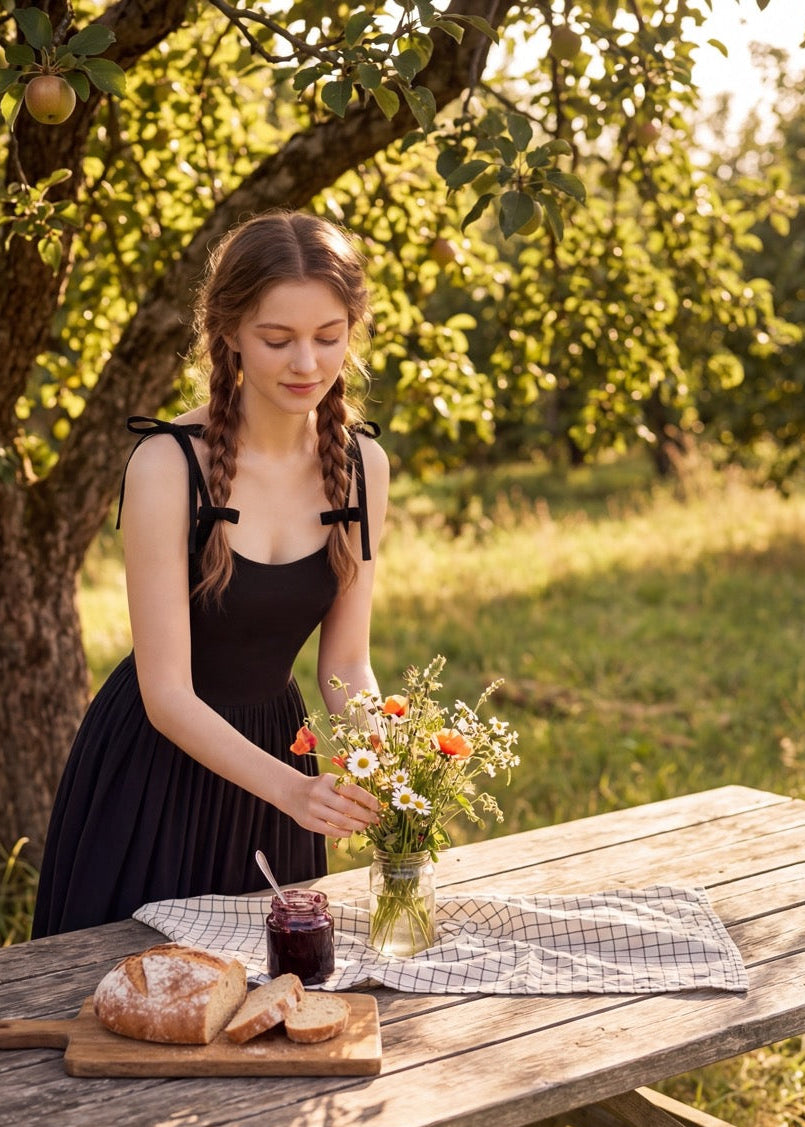 Woman in a black dress standing by a wooden table with food and flowers in an outdoor setting.