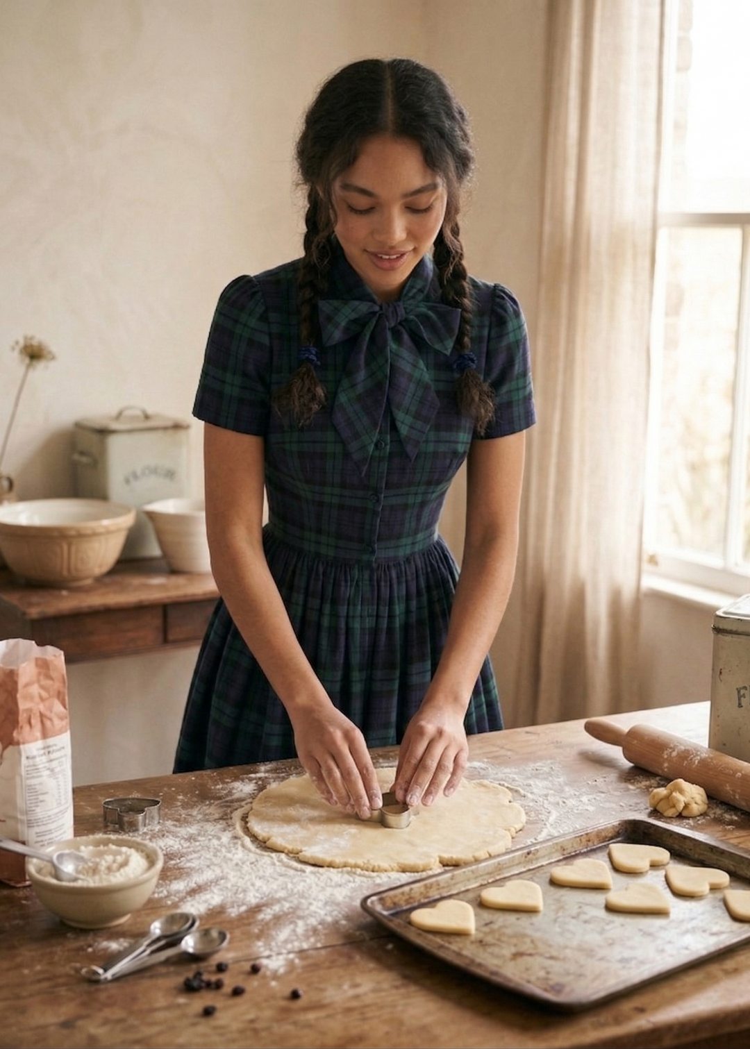 Woman in a plaid dress rolling out dough in a kitchen.
