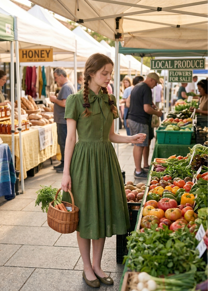 Woman in a green dress at an outdoor farmers market with produce and people in the background.