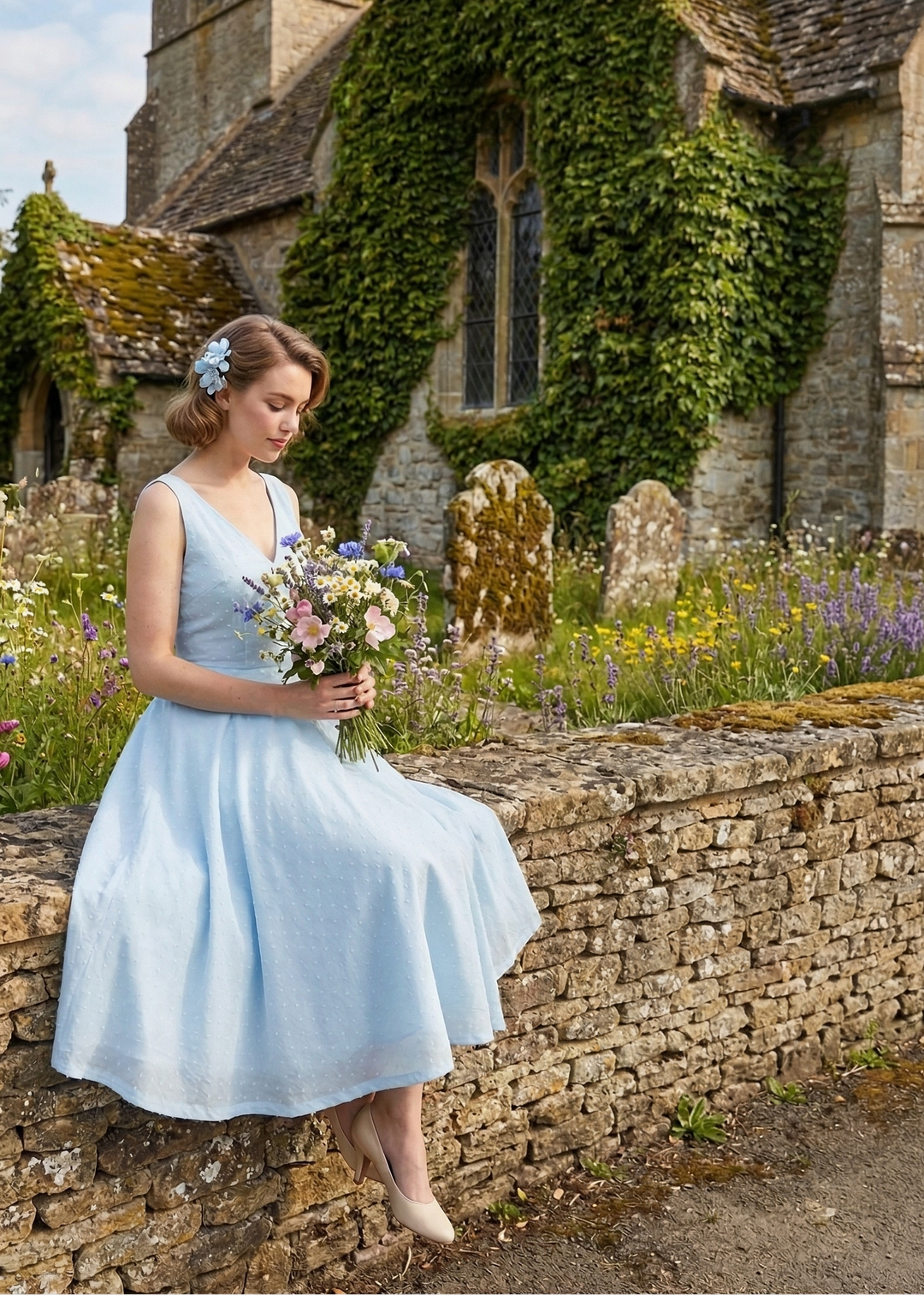 Woman in a light blue dress holding flowers in front of a stone building with ivy