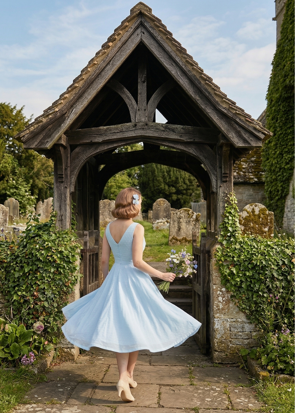 Woman in a light blue dress standing in front of a wooden lych gate in a cemetery.