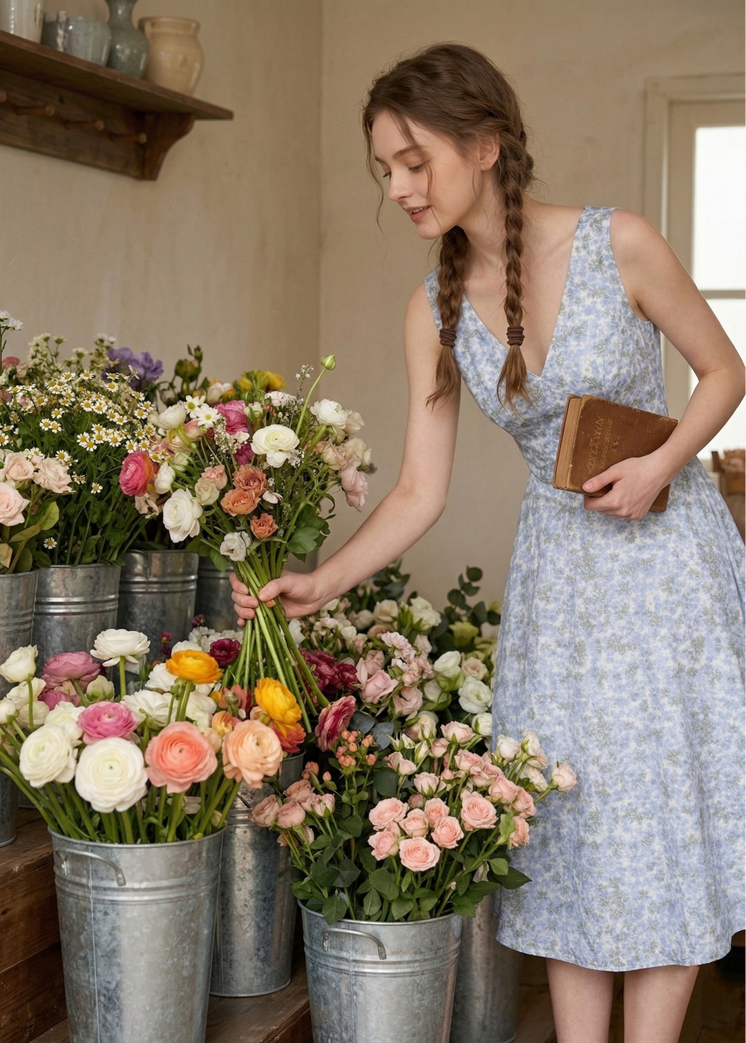 Woman in a floral dress arranging flowers in a rustic setting