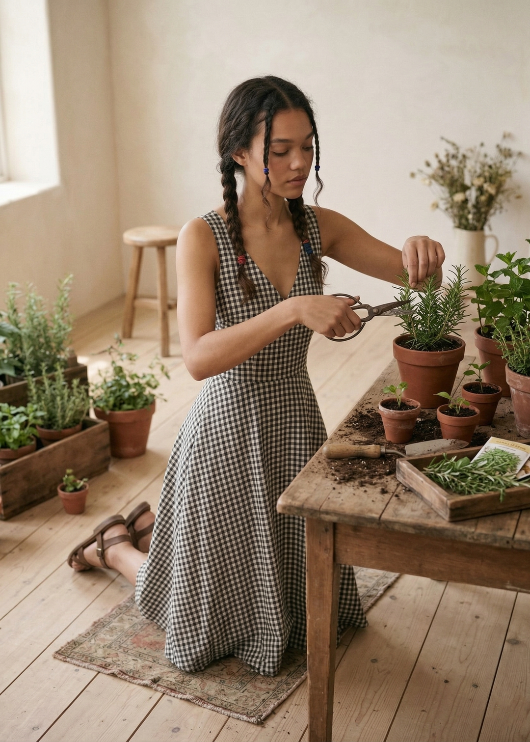 Woman in a checkered dress tending to plants in a home setting