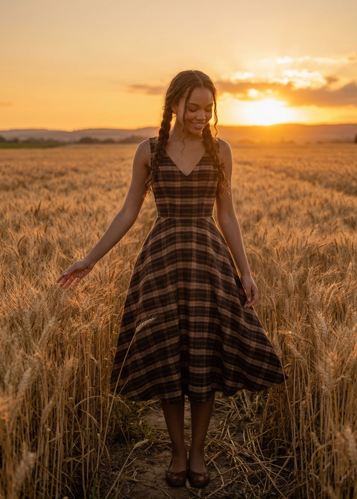 Woman in a plaid dress standing in a field at sunset