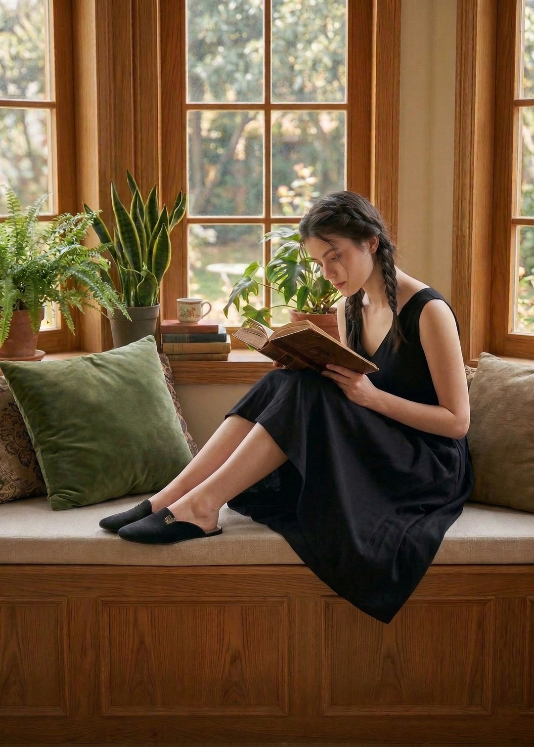 Woman reading a book on a windowsill with plants and cushions.