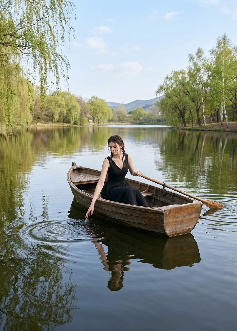 Woman in a black dress rowing a wooden boat on a calm lake with trees and mountains in the background.