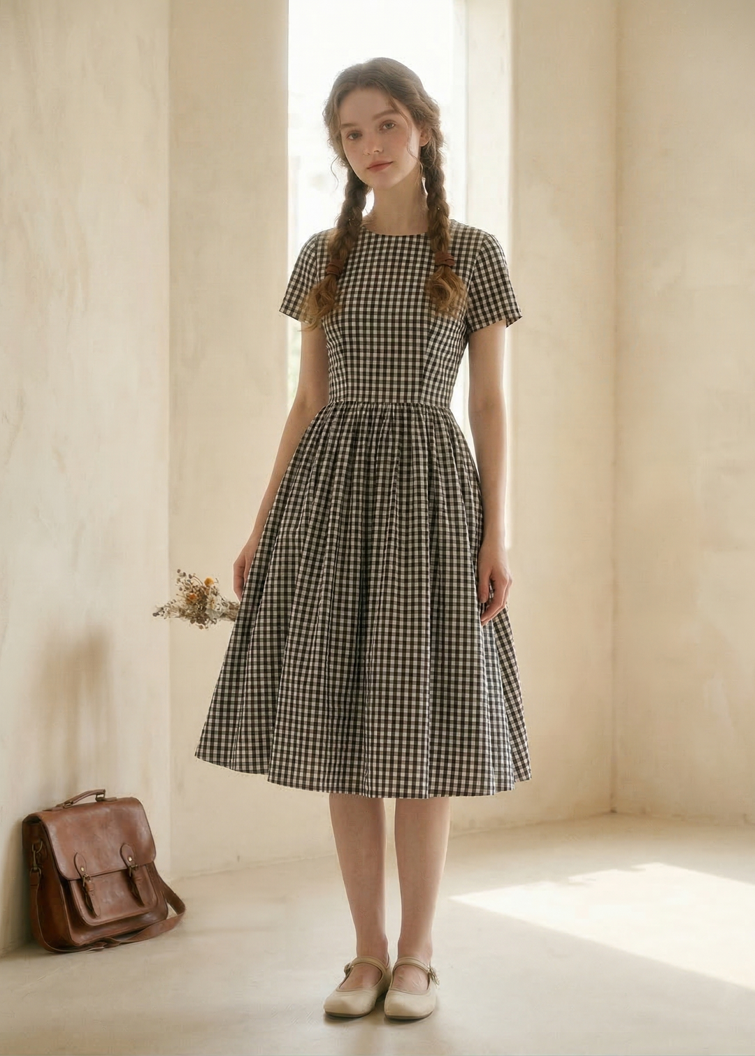 Woman wearing a black and white checkered dress standing in a softly lit room.