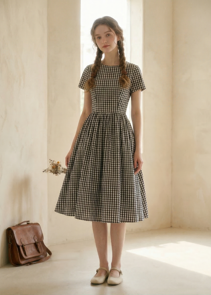 Woman wearing a black and white checkered dress standing in a softly lit room.