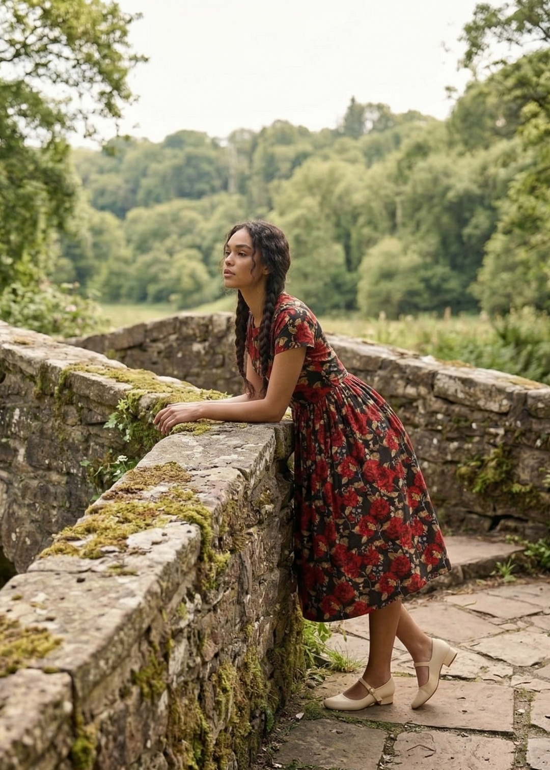 Woman in a red floral dress standing on a stone bridge in a forest setting