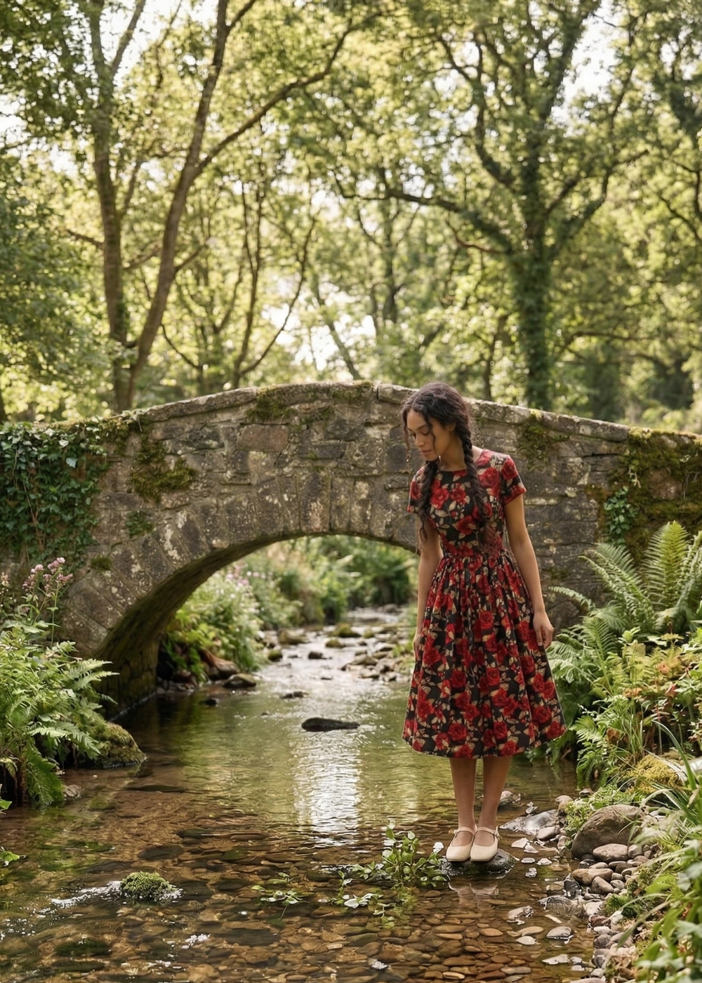 Woman in a floral dress standing by a stream under a stone bridge in a forest.