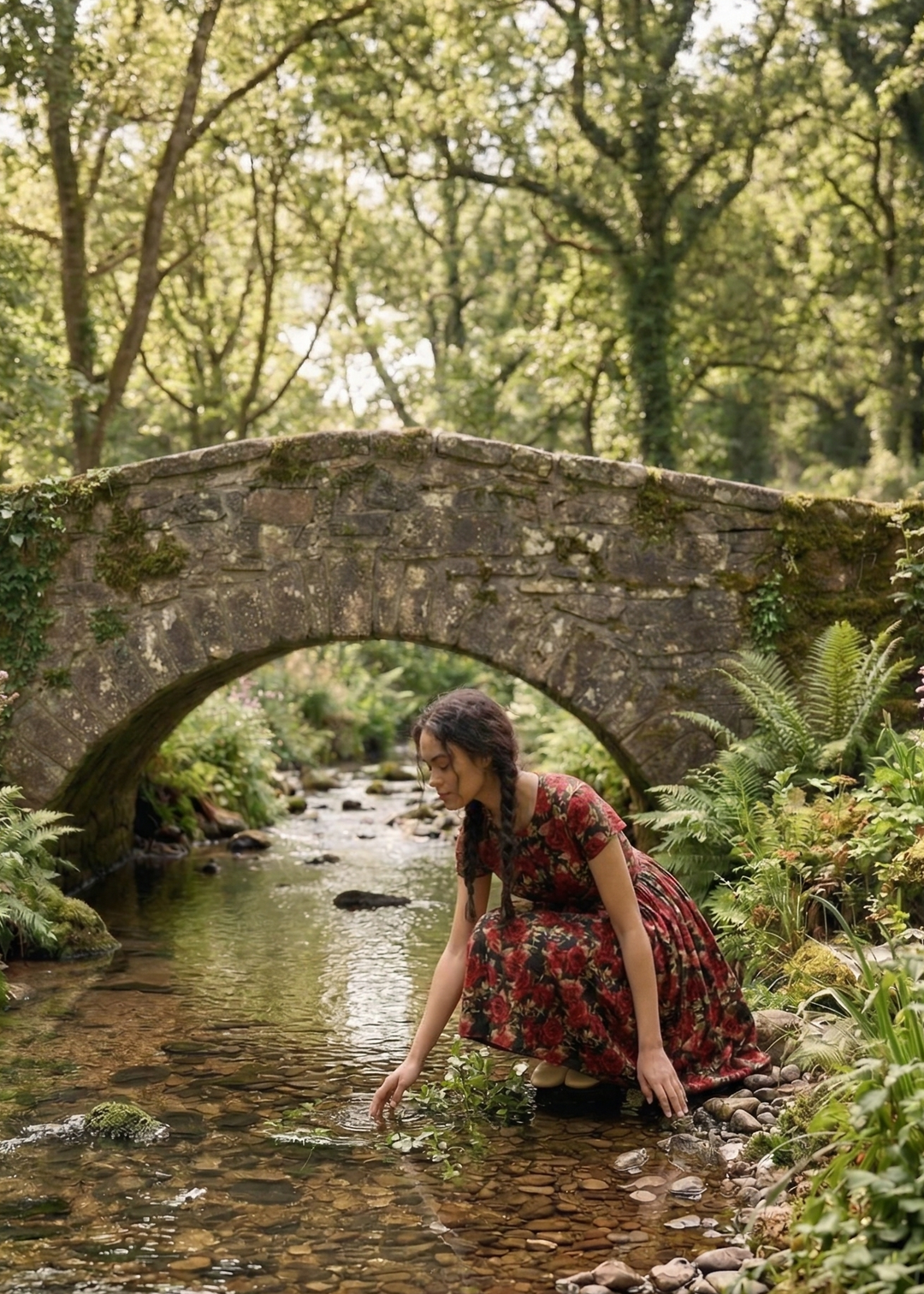 Woman in a red dress standing by a stream with a stone bridge in the background