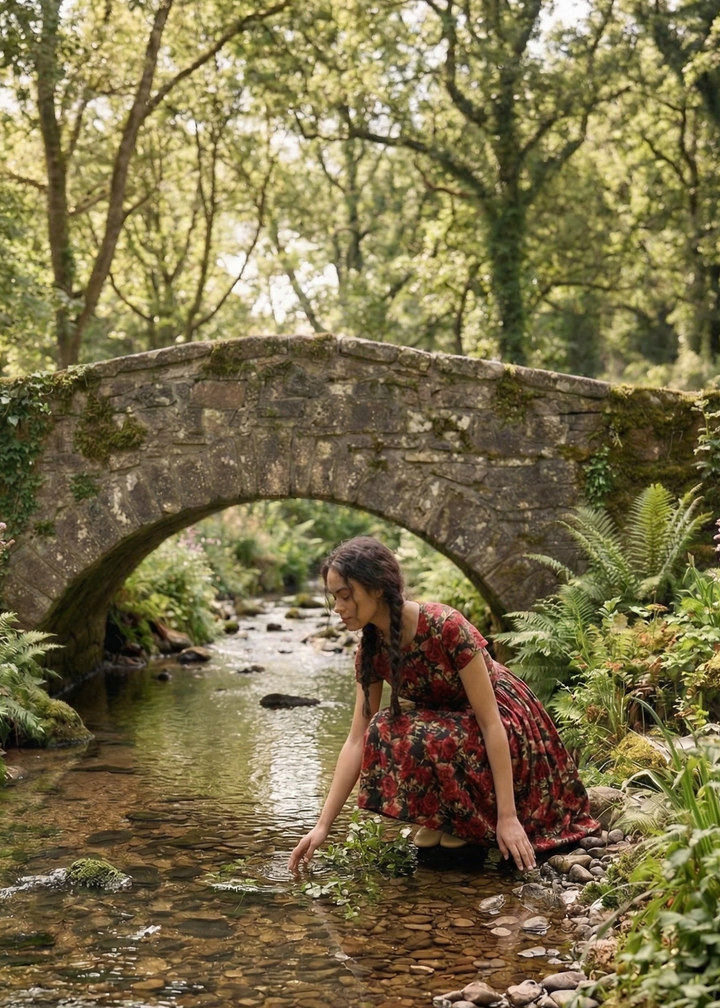 Woman in a red dress standing by a stream with a stone bridge in the background