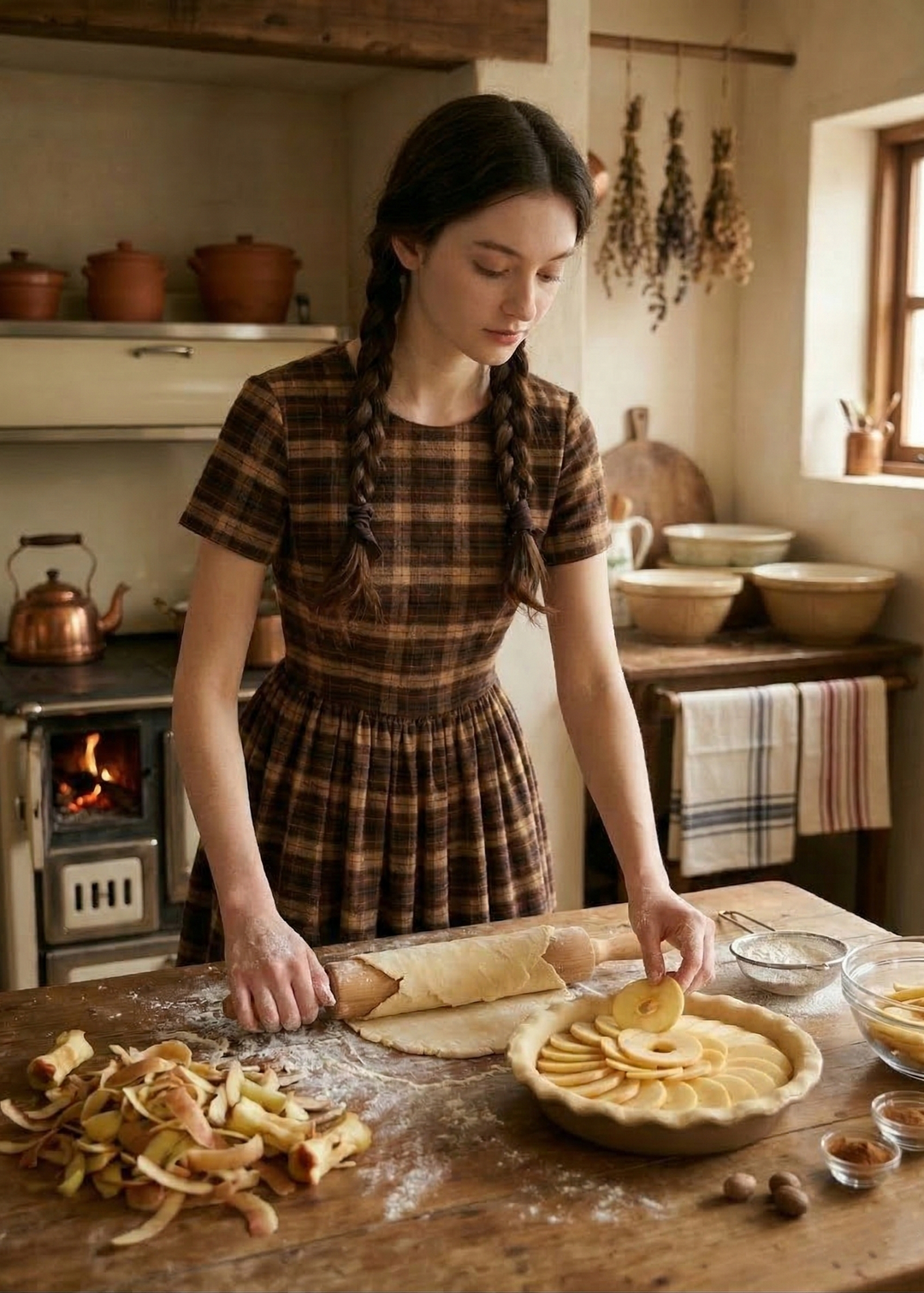 Woman in a plaid dress preparing an apple pie in a rustic kitchen.