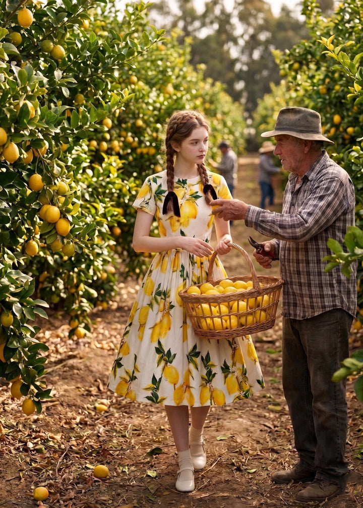 Woman in a lemon-patterned dress interacting with a man in an orchard filled with lemon trees.
