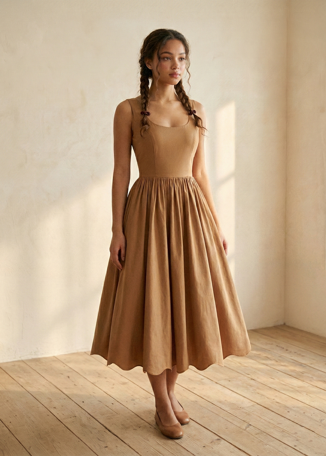 Woman wearing a brown dress standing in a softly lit room with wooden floor.