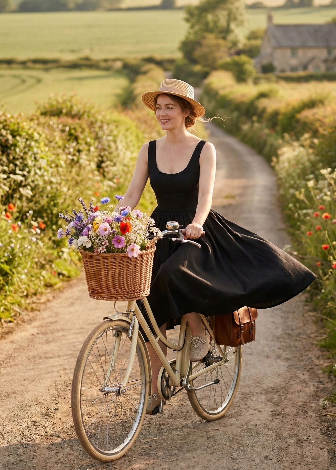 Woman riding a bicycle with a basket of flowers on a country road.