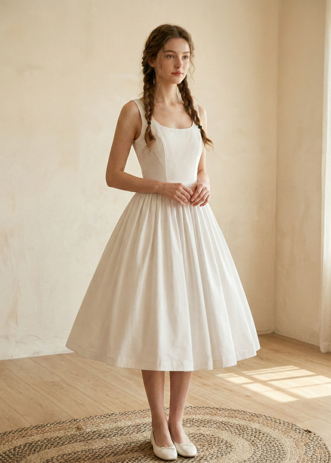 Woman wearing a white dress standing in a softly lit room with a neutral background