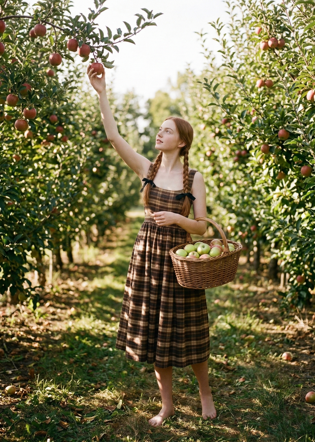 Woman in a plaid dress picking apples in an orchard with a basket.