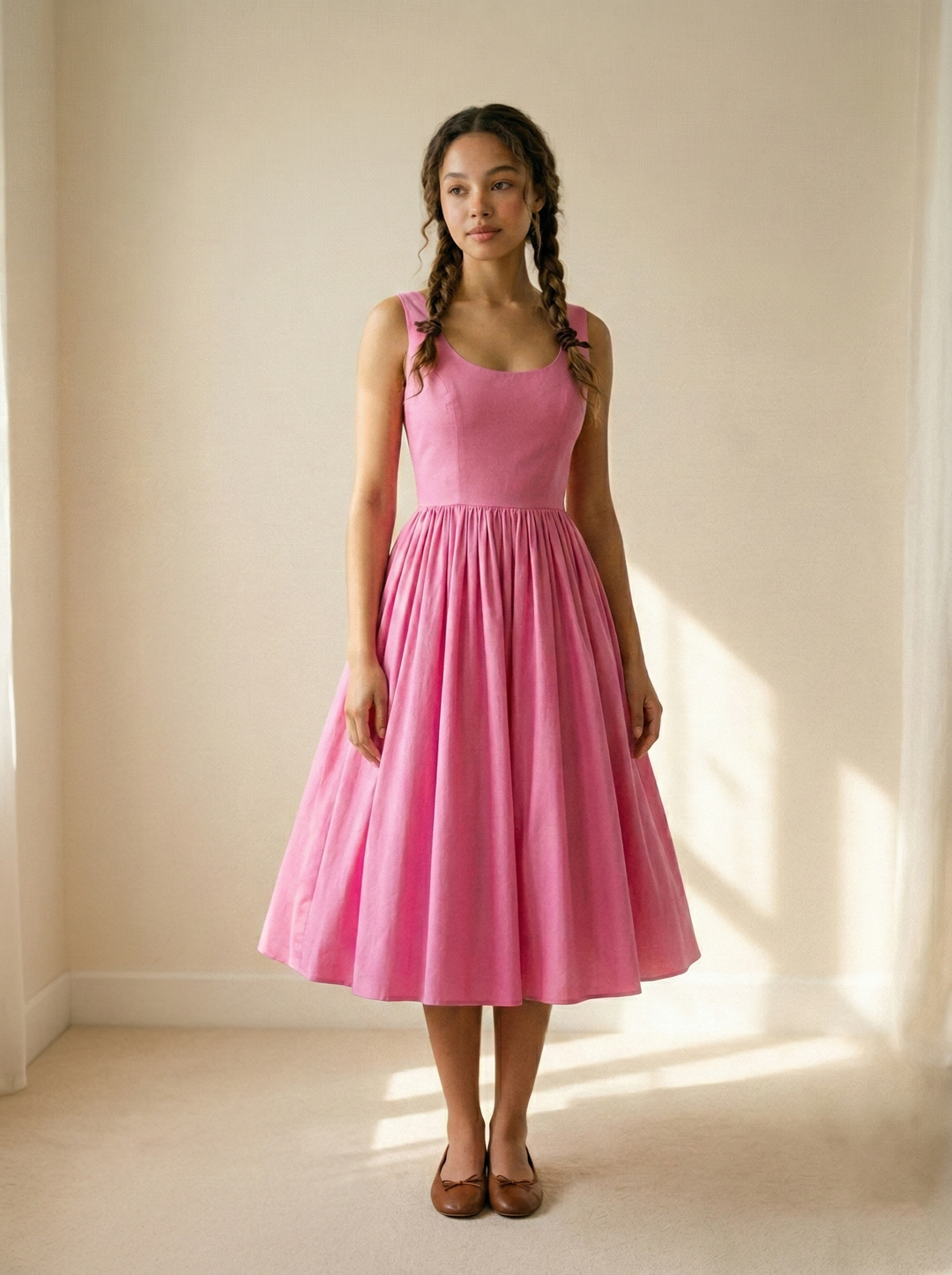 Woman wearing a pink dress standing in a softly lit room.