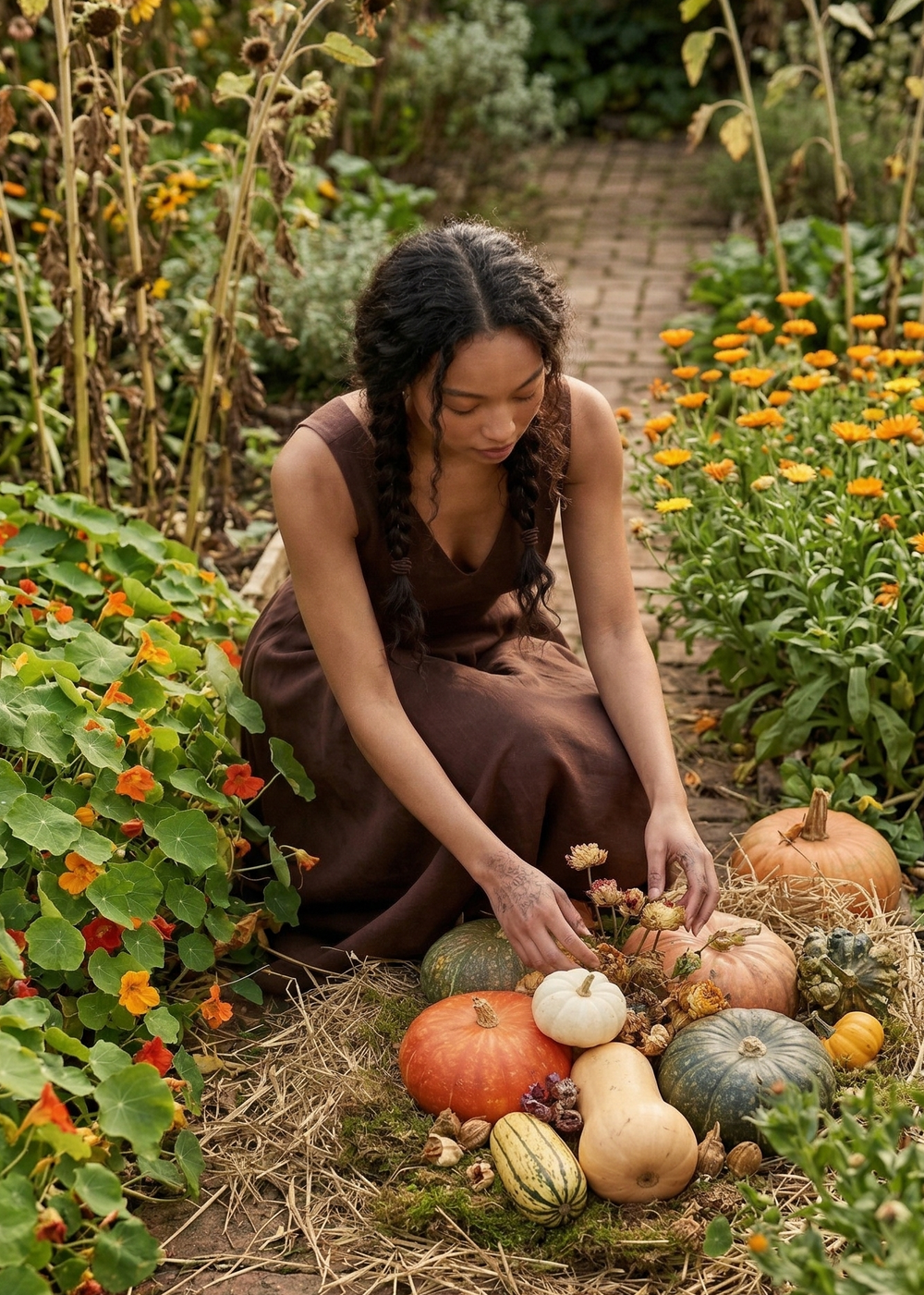 Woman in a garden with harvested pumpkins and gourds surrounded by plants and flowers.