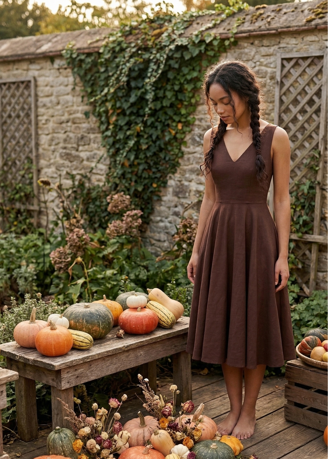 Woman in a brown dress standing in a garden with pumpkins and gourds.
