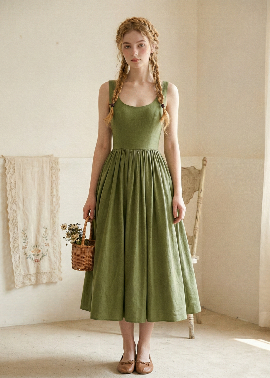 Woman wearing a green dress standing in a room with a basket and chair.
