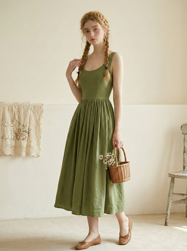 RTS - XL - Emily Dress Hunters Green Linen