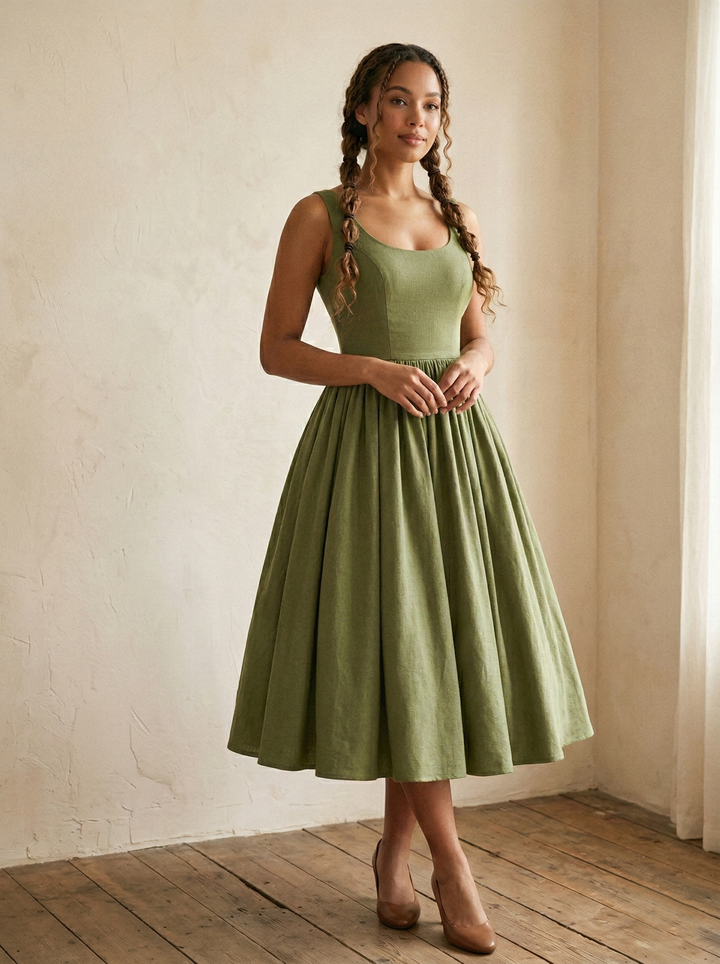 RTS - XL - Emily Dress Hunters Green Linen