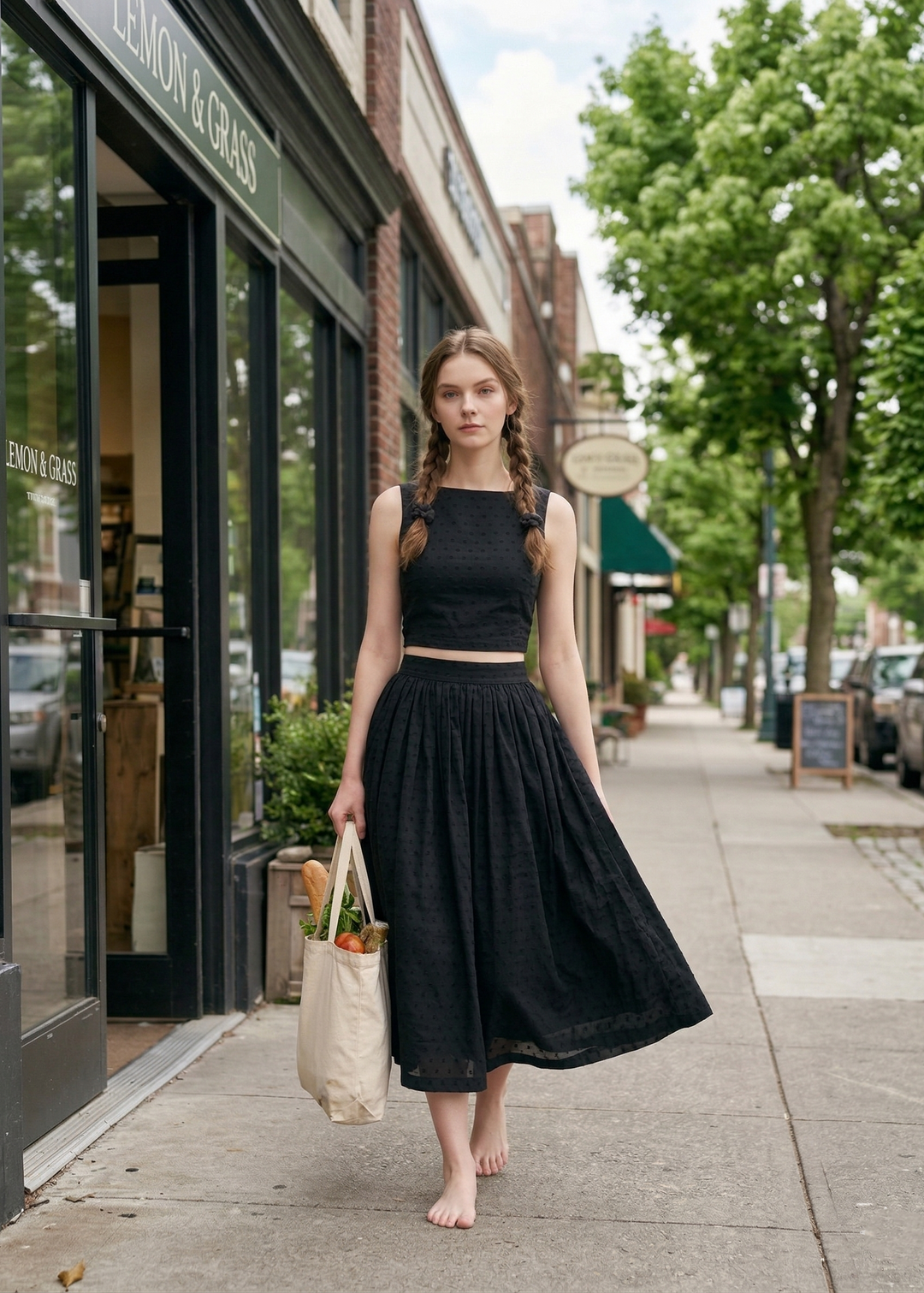 Woman in a black outfit walking on a sidewalk with a store and trees in the background