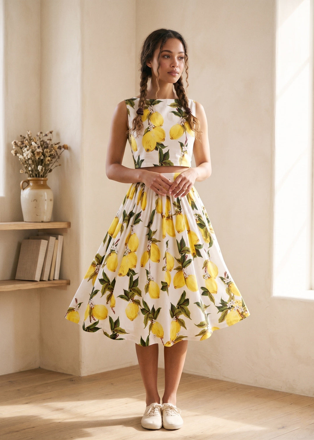 Woman wearing a dress with lemon pattern in a bright room