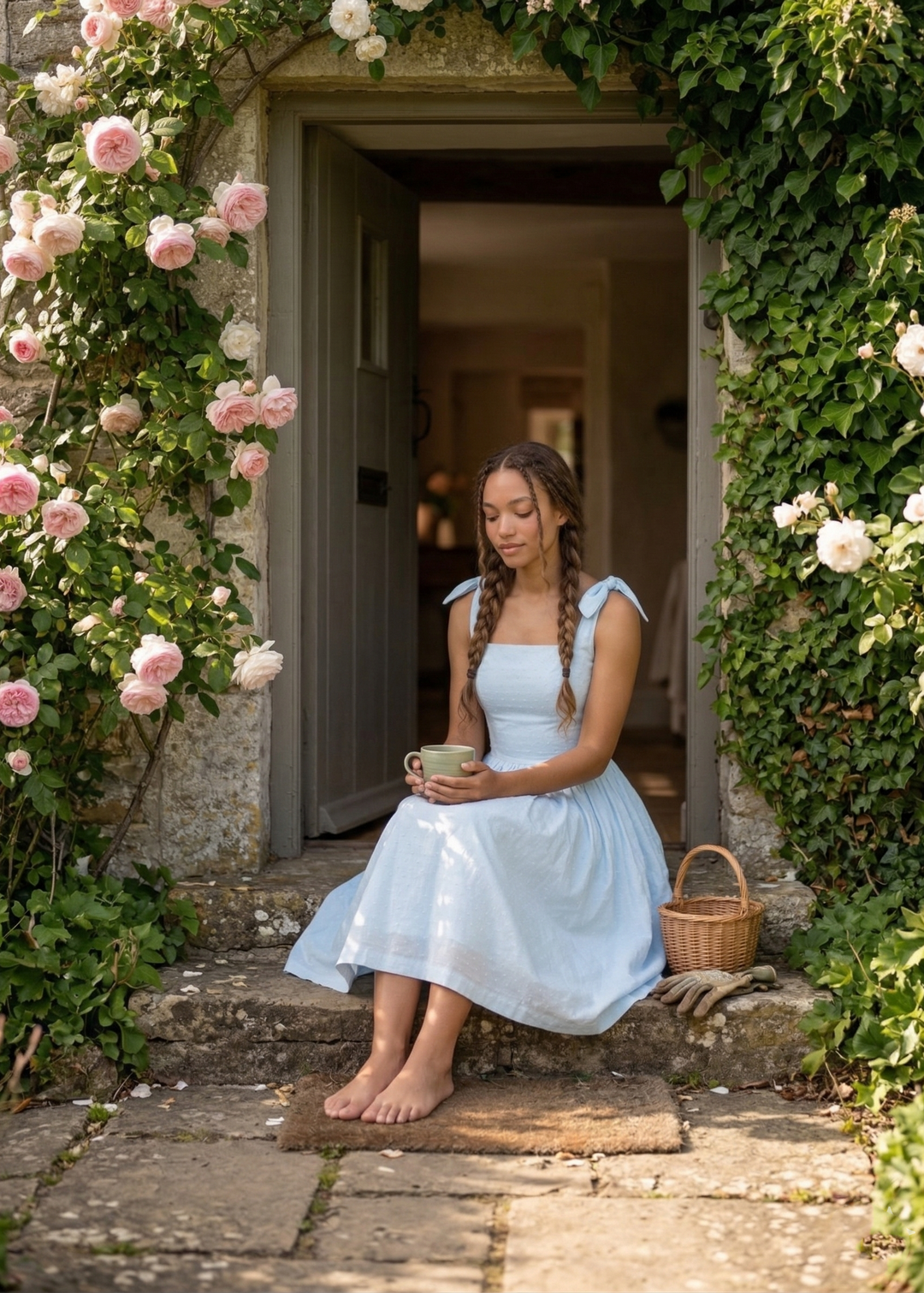Woman in a light blue dress sitting on stone steps surrounded by pink roses and greenery.